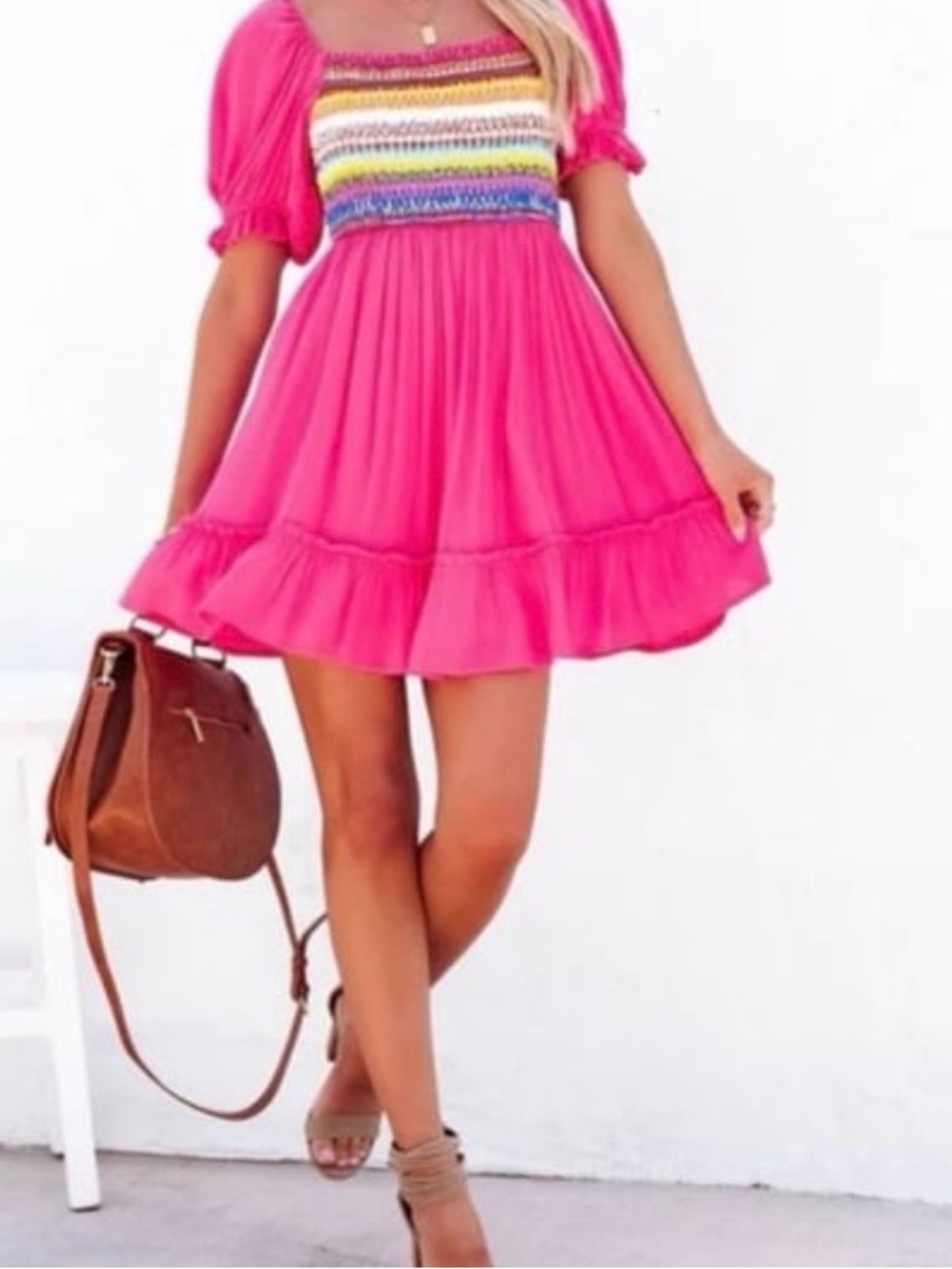 Vici Hot Pink callas de Tulum Smocked Mini Dress Multicolor Embroidery Sz S